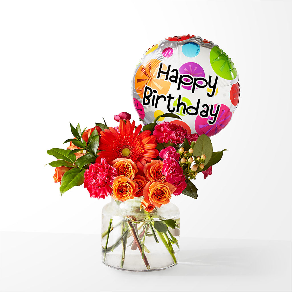 Fiesta Bouquet with Birthday Balloon – EAST MAIN GARDENS FLRST & GREENHSES INC, Niles MI