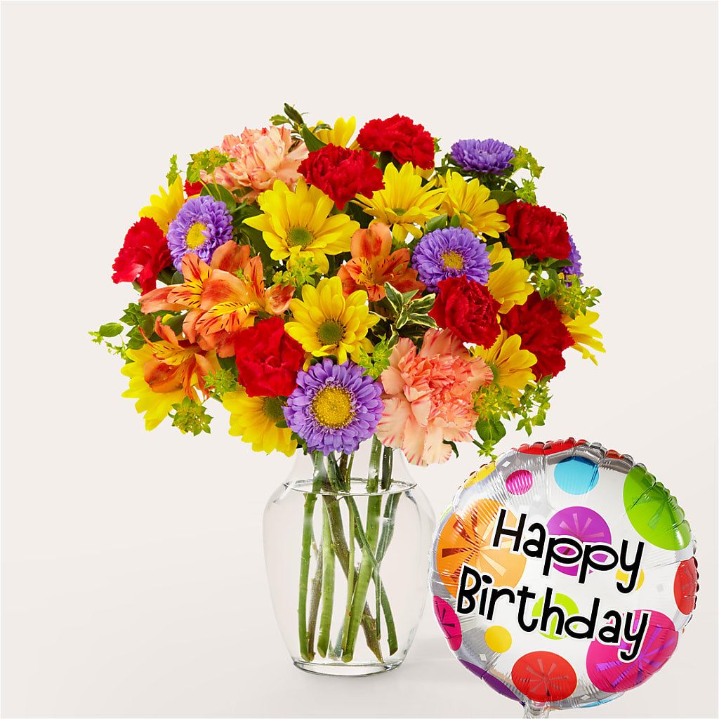 Kaleidoscope Bouquet with Birthday Balloon – EAST MAIN GARDENS FLRST & GREENHSES INC, Niles MI