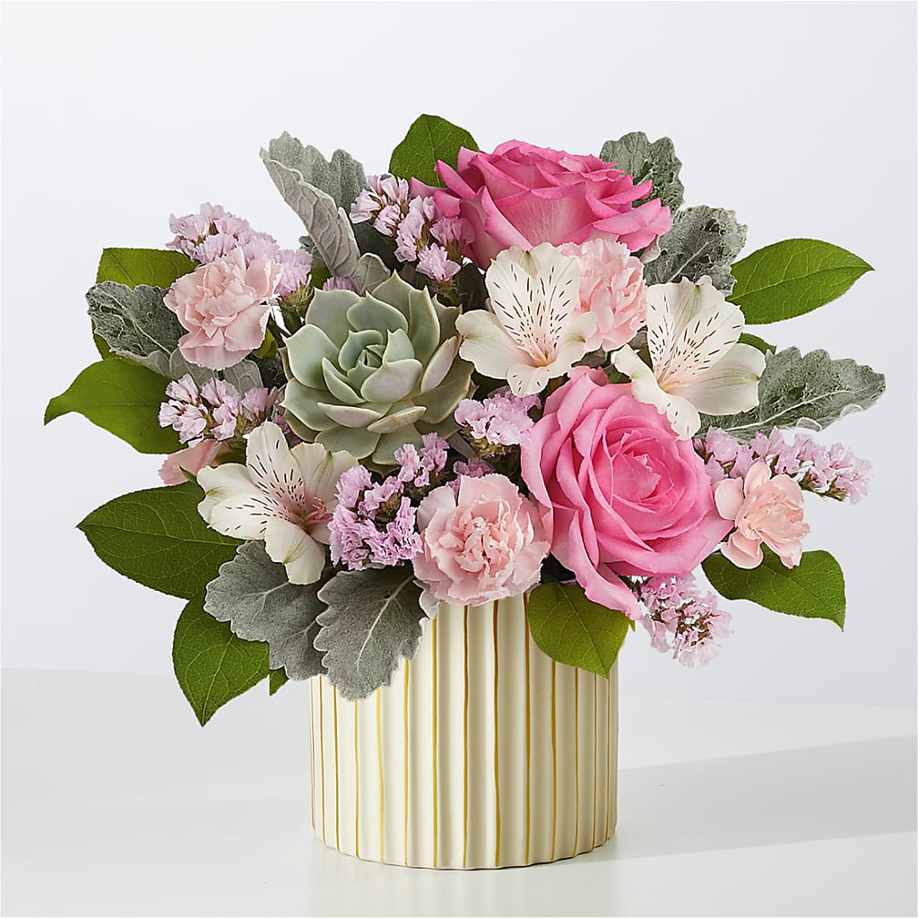 Dusty Rose Bouquet with Ivory Vase – EAST MAIN GARDENS FLRST & GREENHSES INC, Niles MI