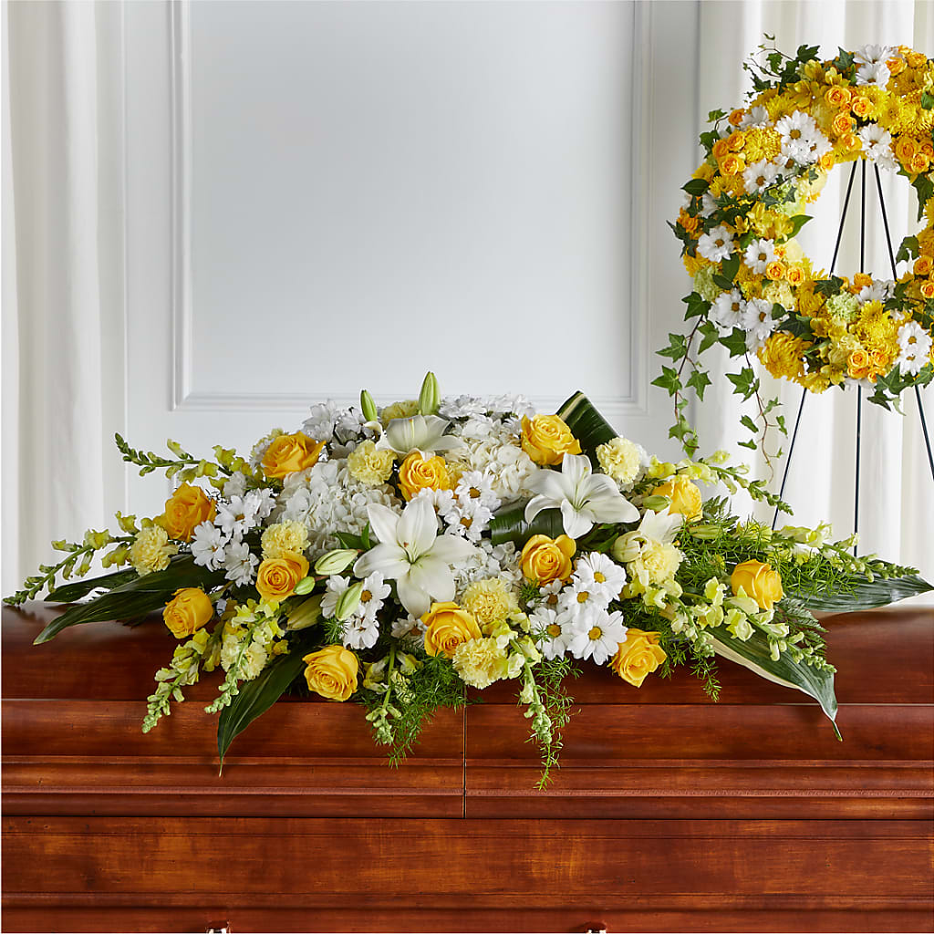 Golden Harmony Casket Spray – EAST MAIN GARDENS FLRST & GREENHSES INC, Niles MI