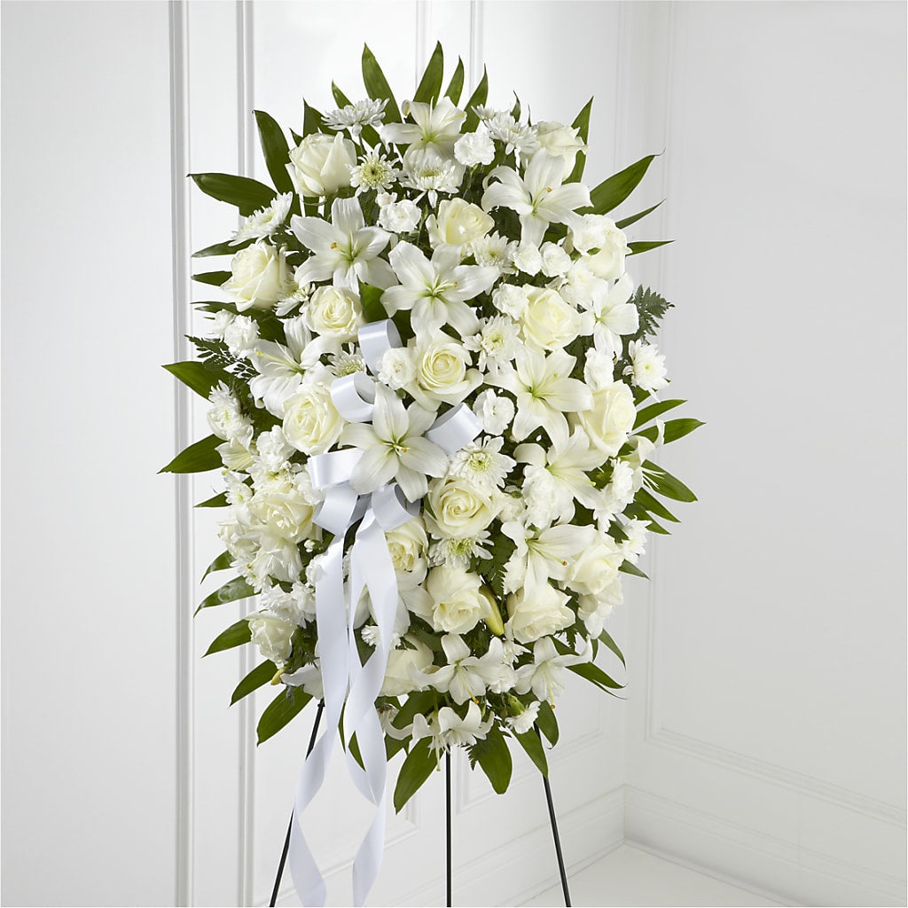 Exquisite Tribute Standing Spray-White Ribbon – EAST MAIN GARDENS FLRST & GREENHSES INC, Niles MI