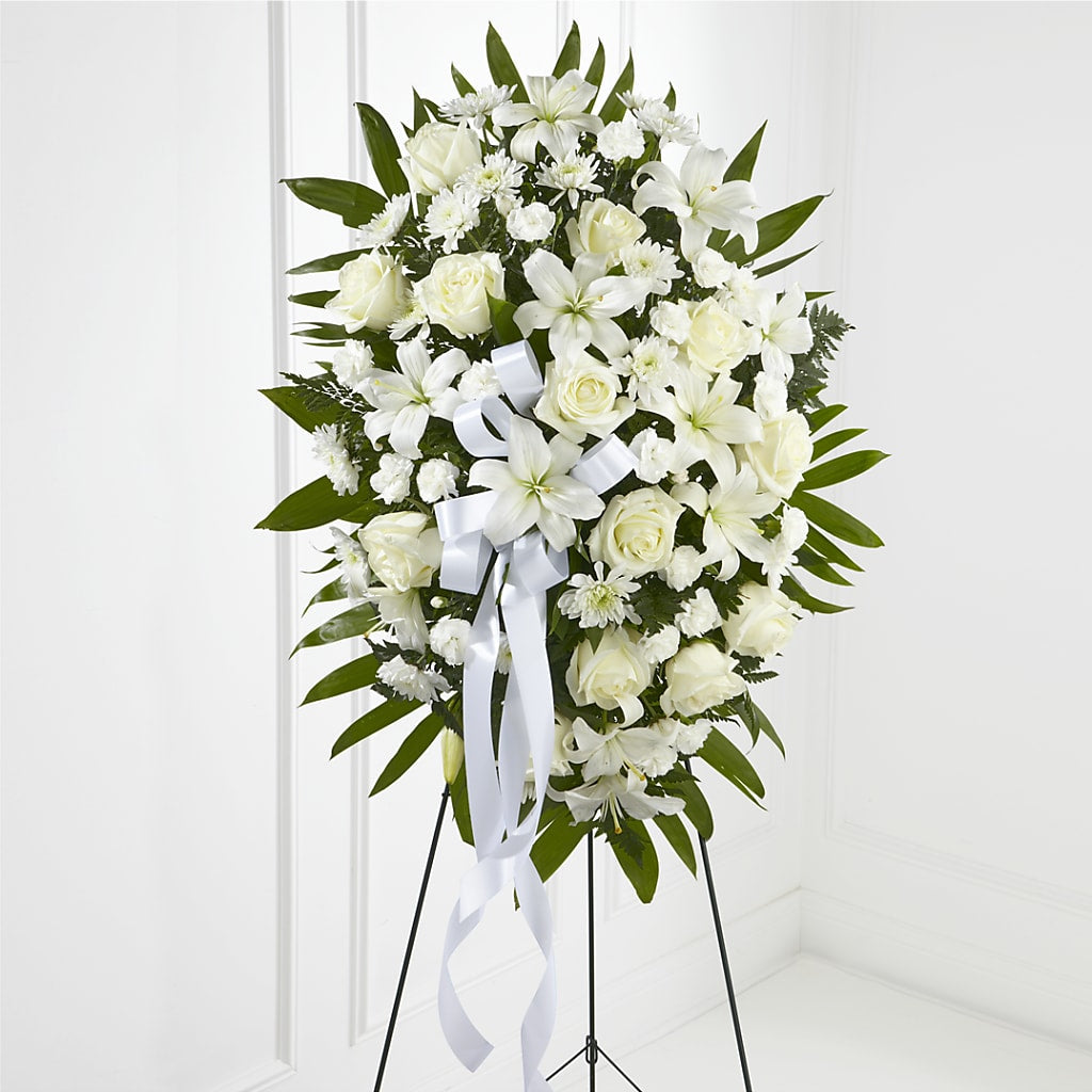 Exquisite Tribute Standing Spray-White Ribbon – EAST MAIN GARDENS FLRST & GREENHSES INC, Niles MI