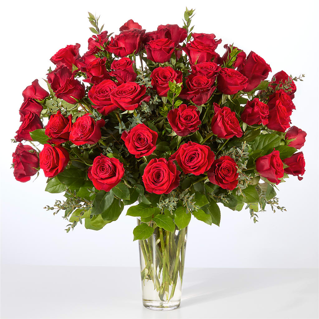 Forever Yours Fifty Stem Red Rose Bouquet – EAST MAIN GARDENS FLRST & GREENHSES INC, Niles MI
