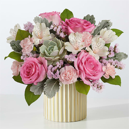 Dusty Rose Bouquet with Ivory Vase – EAST MAIN GARDENS FLRST & GREENHSES INC, Niles MI