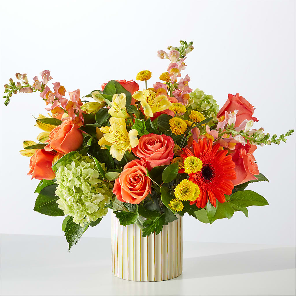 Autumn Sunshine Bouquet with Ivory Vase – EAST MAIN GARDENS FLRST & GREENHSES INC, Niles MI