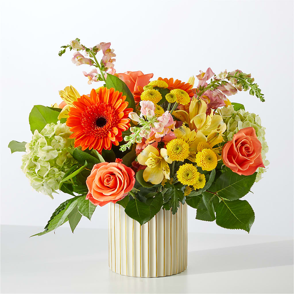 Autumn Sunshine Bouquet with Ivory Vase – EAST MAIN GARDENS FLRST & GREENHSES INC, Niles MI