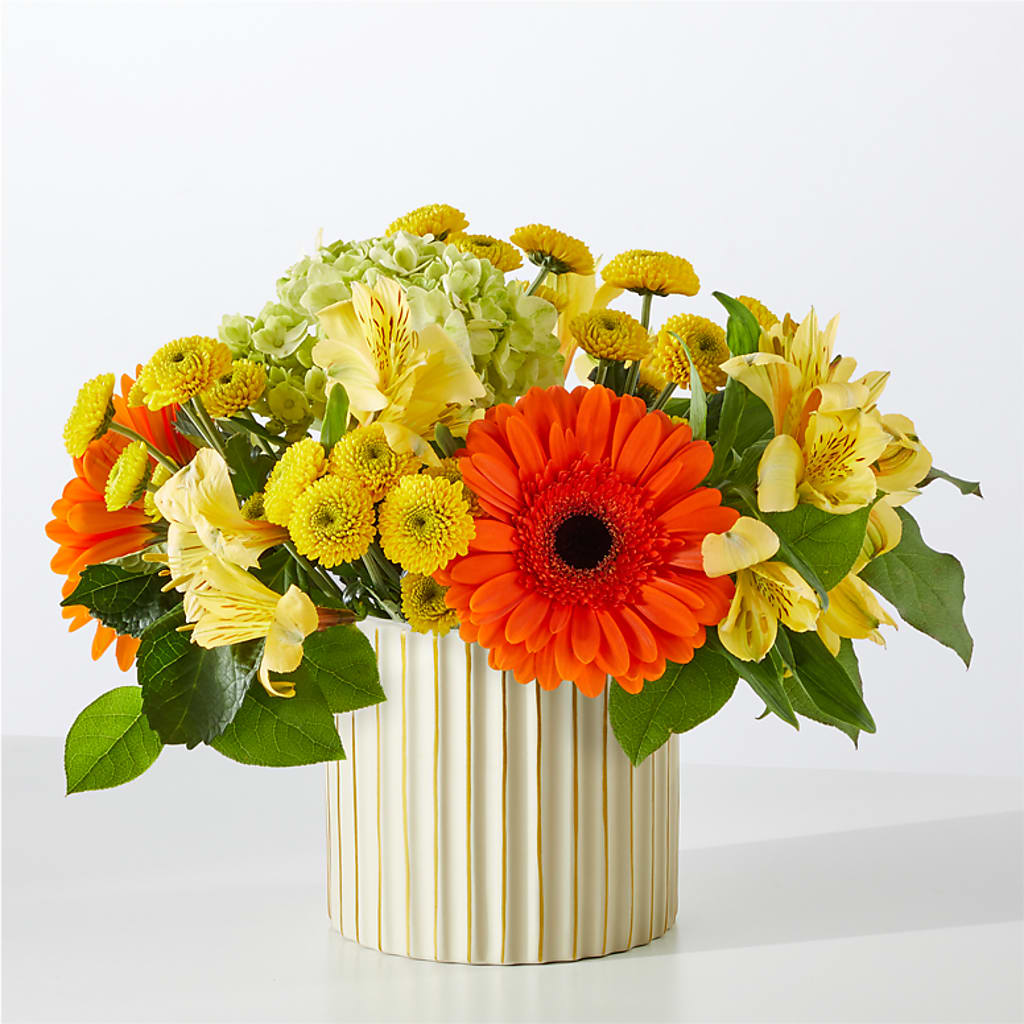 Autumn Sunshine Bouquet with Ivory Vase – EAST MAIN GARDENS FLRST & GREENHSES INC, Niles MI
